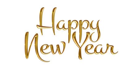 Isolated Happy New Year text in shiny golden script font. PNG Transparent Background.