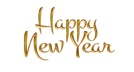 Isolated Happy New Year text in shiny golden script font. PNG Transparent Background.