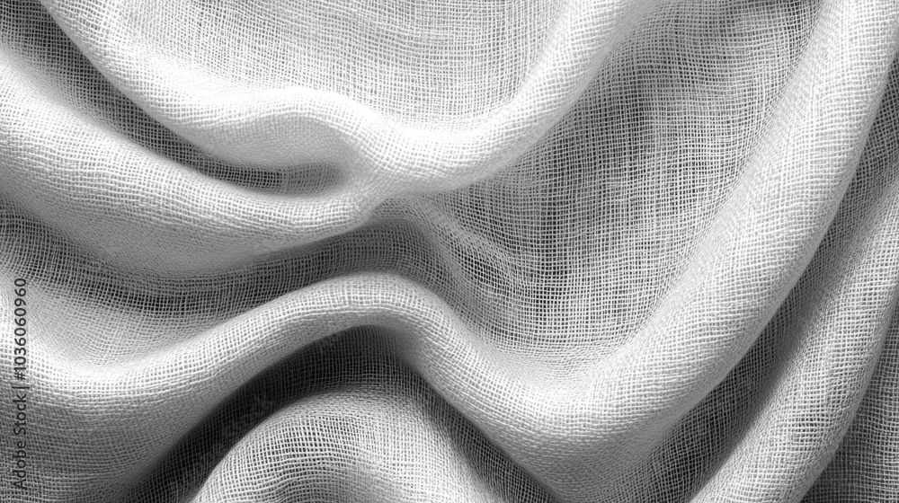Poster Delicate white fabric is artistically arranged, emphasizing its soft textures and subtle patterns. Natural light highlights the intricate weave, creating a calm and peaceful atmosphere.
