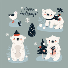 set of white bears for winter holidays, illustrations in flat style