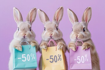 Fluffy bunnies holding shopping bags with discount numbers on lavender background. Sales holiday, shopping and pet concept. For Black Friday, 11.11. Studio shot for banner, poster, advertising 