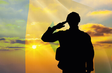 Silhouettes of soldiers with a background of the Saint Vincent flag and a sunset or sunrise. Concept of national holidays. Commemoration Day.