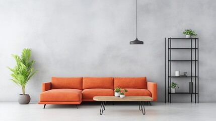 Minimalist living room with dark gray curved sofa, copper round coffee table, black bookshelves, neutral industrial-inspired walls, spacious and stylish modern home interior, contemporary cozy atmosph