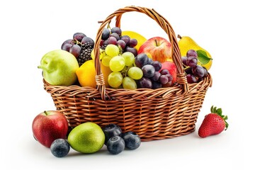 Assorted fruits in wicker basket on white background.