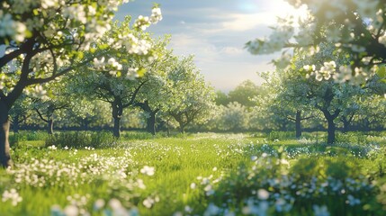 Obraz premium Sunny orchard with blossoming fruit trees and lush green grass