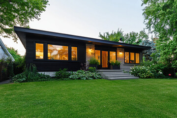 Obraz premium This modern cottage boasts dark wood accents and large windows, along with an elegant front porch that harmonizes traditional charm with contemporary design. The lush lawn,glowing in golden hour light