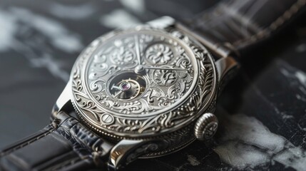 A vintage watch with a silver casing and intricate engravings reminiscent of a bygone era of luxury and opulence.