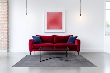 Modern minimalist living room with a red velvet sofa, black metal coffee table, abstract red wall art, industrial-style pendant lights, neutral background, contemporary interior design, stylish and el