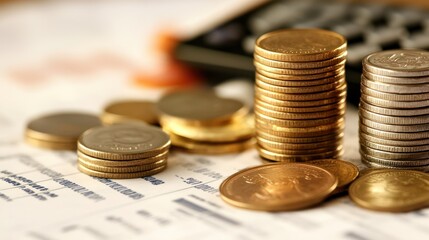 Coins and documents on a table with a person calculating finances in the background, focusing on financial management and budgeting.