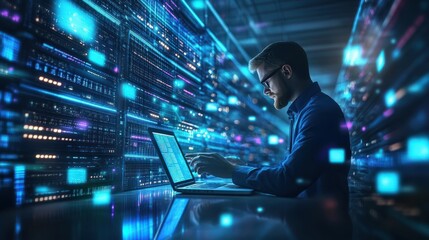 Computer engineer working on laptop computer with server room, data center, big data storage as backgrounds, digital technology, database, IT support, telecommunication concept.