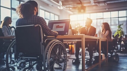 A diverse business meeting with a person in a wheelchair engaged in discussion.