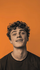 Obraz premium Playful Energy of a Young Man Against Bold Orange Background for Creative Design