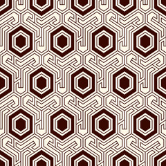 Honeycomb seamless pattern. Hexagon mosaic tiles ornament. Ethnic surface print. Repeated geometric figures background. Ornamental wallpaper. Modern geo design digital paper.