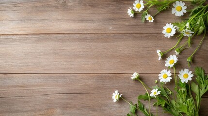 Obraz premium Rustic wooden background with small white daisies, natural floral arrangement, vintage countryside aesthetic, soft warm tones, botanical composition, nature-inspired texture, fresh and organic design 