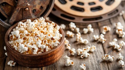 Freshly popped popcorn spilling from a rustic wooden bowl beside vintage film reels in a cozy setting