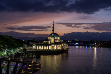 Darul Hana Bridge with New Kuching India Mosque in background (Masjid Terapung Sarawak, Masjid India Bandar Kuching).