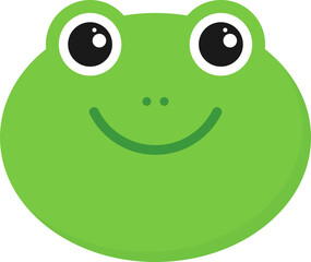 Cartoon frog face with large round eyes, black pupils, white highlights, small curved smile, and nostrils, green color.
