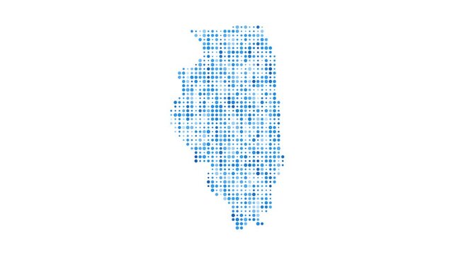 Illinois dotted digital map. Map of Illinois with pulsating colored circles. Shape of the US state filled with blue disks. Astonishing video.