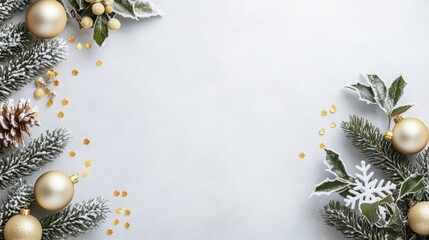 Fototapeta premium A collection of winter decorations creates a festive atmosphere. Gold ornaments are nestled among pine branches, greenery, and delicate snowflakes, set against a light-colored background.