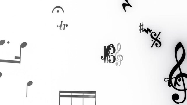 Musical symbols camera fly-through (endless loop).Random musical symbols, including notes, rests, clefs, dynamic symbols, flying towards camera.Musical symbols in high-quality typesetting.