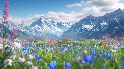 Fototapeta premium Tranquil alpine meadow with wildflowers and distant snowy peaks