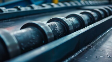 A detailed look at a conveyor belt's guide rollers and material flow, with textures of rubber and metal, Manufacturing setting with precision parts