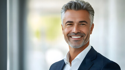 Fototapeta premium Showcasing a Sophisticated and Content Mid Adult Businessman in a Friendly and Professional Portrait