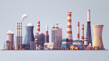 Obraz premium A collection of power plants that create electricity. These factories are part of heavy industry and are shown in a simple, colorful illustration.