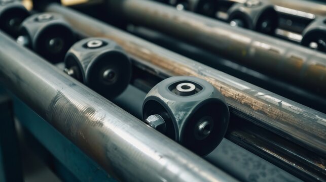 A detailed look at a conveyor belt's guide rollers and material flow, with textures of rubber and metal, Manufacturing setting with precision parts