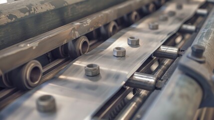 A detailed look at a conveyor belt's material feed and rollers, with textures of metal and rubber, Manufacturing setting with precise elements