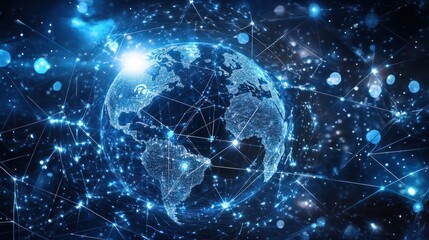 Interconnected Global Digital Communication Network Visually Represented on Holographic Earth Sphere