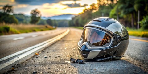 Fototapeta premium Motorcycle Helmet on a Winding Road, Sunset, Adventure, Road Trip, Helmet, Motorcycle, Journey