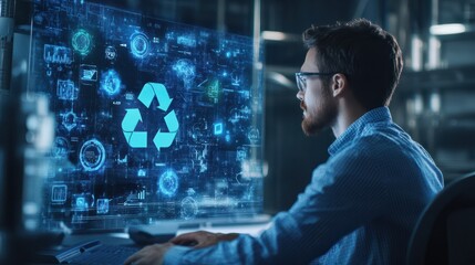 It specialist analyzing big data on computer screen with recycling icon