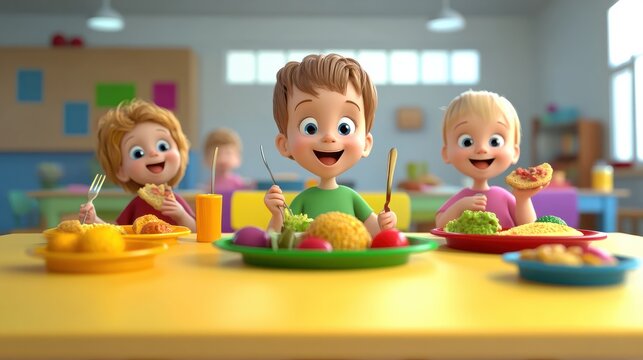 Kid Lunch. Funny Children Eating Healthy Meals in Kindergarten, Having Fun