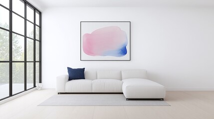 Fototapeta premium Minimalist living room with a white L-shaped sectional sofa, abstract pink and blue wall art, neutral and warm color palette, contemporary Scandinavian home decor, luxury interior design, soft natural