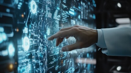 Manager is touching interface with conncetion line of network, management and marketing banner. Generative AI.