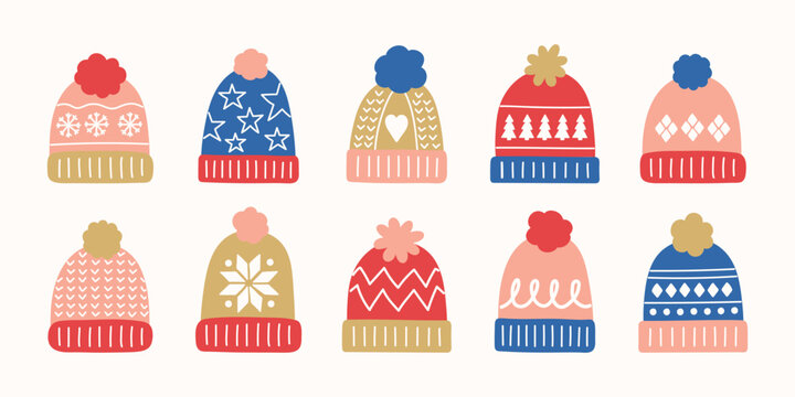 Colourful hand drawn winter hat set. Christmas elements. Vector illustration