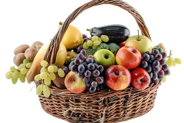 Organic vegetables and fruits in wicker basket isolated on white background.
