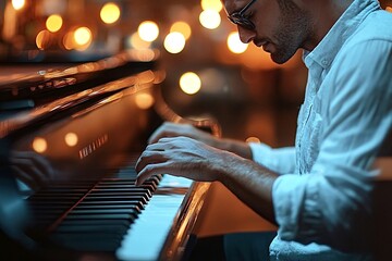 Musician passionately playing the piano on a dimly lit stage, creating a moody and atmospheric scene filled with emotion and creativity