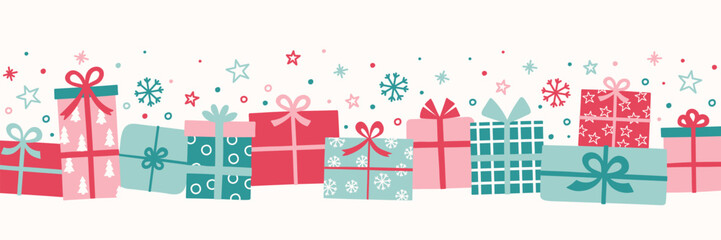 Christmas banner in cartoon style. Colourful gift boxes with bows. Vector illustration