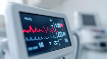 Close-up of a heart rate monitor showing real-time readings on a screen, cardiac monitoring, heart health