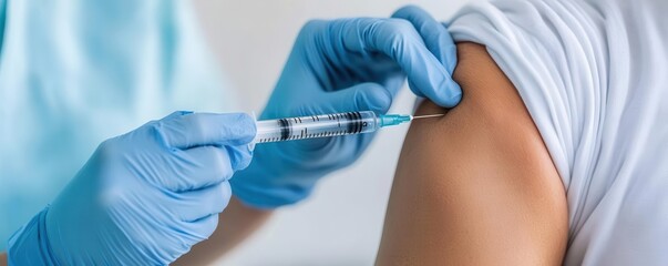 Close-up of a patient's arm with a syringe administering a flu shot, vaccination, preventive care