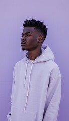 Obraz premium Young Man in Light Grey Hoodie Against Lavender Background for Calm and Relaxed Portrait Design