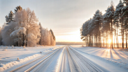 Obraz premium Scenic winter road covered in snow surrounded by frosty trees during sunset