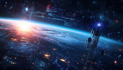 Satellite Data Signal Wave Outline Concept In The Telecommunications Industry: Network Of Antennas Connecting Phone And Internet Communication Globally.  Illustration Of Cellular Radar Towers.