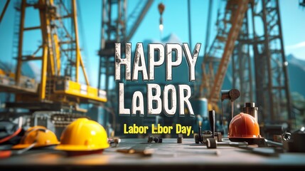 A festive graphic celebrating Labor Day with construction elements and safety helmets.