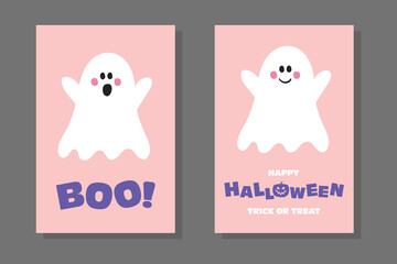 Set with Halloween cards with cute spooky ghost. Vector illustration