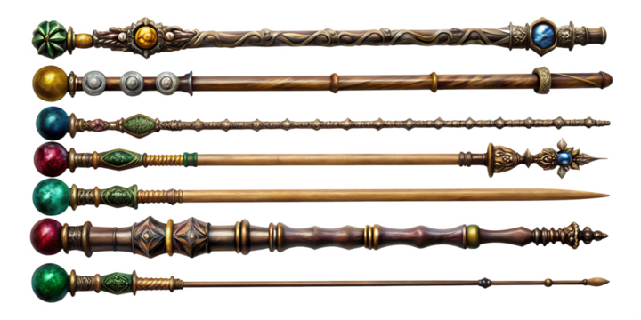 Set of magic wizard staff isolated on white background . AI GENERATED