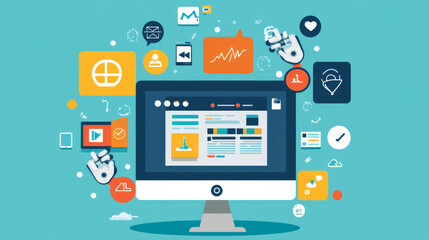 A computer with robot arms moving around icons representing digital marketing tasks: newsletters, social media, client management, ads, search optimization, and growth.