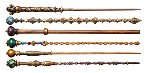 Fototapeta premium Set of magic wizard staff isolated on white background . AI GENERATED
